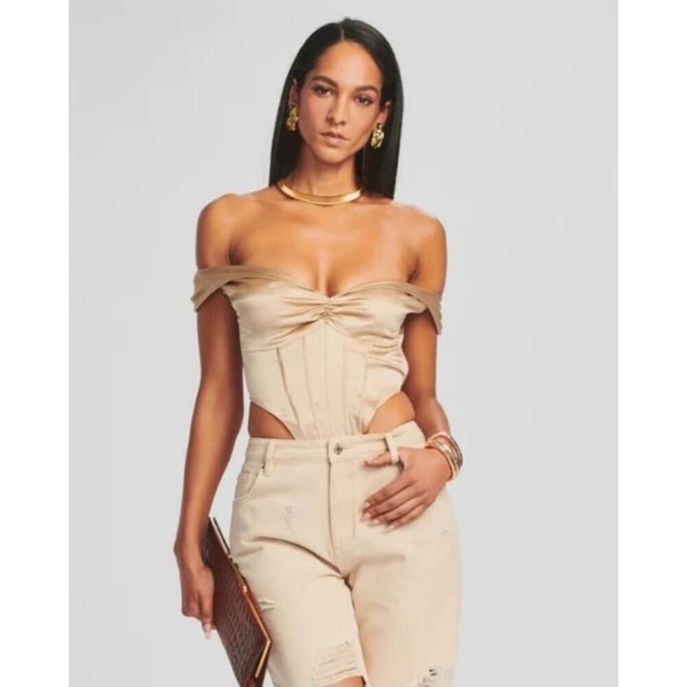 Retrofete Rozik Bodysuit in Nude Off the Shoulders Size Small NWT Satin Silk